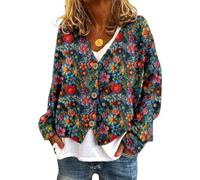 Onsoyours Cardigan Donna Autunno Inverno Chic Scollo A V Cappotto in Maglia Stampa Manica Lunga Giacca Elegante Sciolto Bottoni Maglione Casual Outwear Sweater Tops A02 Blu S