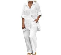 Onsoyours Completo da Donna Lino 2 Pezzi Elegante con Manica 3/4 Camicia + Pantaloni Lino Set Spiaggia Due Pezzi Casual Abiti Autunno Primavera per Donne A Bianco L