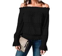 Onsoyours Donna Camicia Manica Lunga Spalle Scoperte in Pizzo Sciolto Casuale Blusa Elegante Chic Colore Solido Camicia Tops Z Nero 40