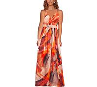Onsoyours Donne Elegante Abito da Cerimonia Sera Lungo Schienale Fascia Vestito Senza Maniche Estivo Casual Floreale Fiori Fantasia Dress Z Arancione M
