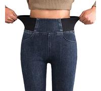 Onsoyours Leggings da Donna Imitazione Jeans a Vita Alta Jeggings Pantaloni Casual Tinta Unita Slim Pantaloni Elasticizzati Attillati A Blu Scuro S