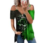 Onsoyours Maglietta da Donna Spalle Scoperte a Maniche Corte con Chiusura Lampo a Blocco Scollo a V Casual Stampa Vintage Camicetta Estiva da Donna E Modello-1 S