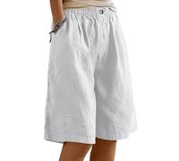 Onsoyours Pantaloncini Corti Estivi da Donna Bermuda Vita Elastica Pantaloncini in Cotone e Lino Tinta Unita Casual con Tasca Pantaloni Corti a Gamba Larga da Spiaggia A Bianco L