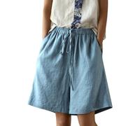 Onsoyours Pantaloncini Corti Estivi da Donna Bermuda Vita Elastica Pantaloncini in Cotone e Lino Tinta Unita Casual con Tasca Pantaloni Corti a Gamba Larga da Spiaggia B Blu XL