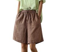 Onsoyours Pantaloncini Corti Estivi da Donna Bermuda Vita Elastica Pantaloncini in Cotone e Lino Tinta Unita Casual con Tasca Pantaloni Corti a Gamba Larga da Spiaggia B caffè M