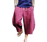 Onsoyours Pantaloncini Uomo Estivi Pantaloni di Lino Harem Leggeri Casual Elasticizzati Tinta Unita Pinocchietti Pantaloni alla Caviglia A Vino Rosso 3XL