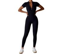 Onsoyours Tuta Intera Manica Corta Aderente Bodysuit Donna Elastica Tutina Sexy Elegante Jumpsuit Scollo V Con Cerniera Bodycon Playsuit Yoga Casual A Nero S