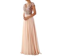 Onsoyours Vestiti da Cerimonia Donna Elegante Scollo A V Senza Maniche Maxi Abito Elegante Tulle Pizzo Abiti da Damigella Vestito Lungo da Sera Festa Cocktail N Beige 50