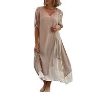 Onsoyours Vestito Donna Elegante Lungo Abiti da Cerimonia Curvy Sexy Scollo V Vestiti Eleganti Estivi Manica Corta Abito Maxi Vestito Chiffon Cocktail Beach A Cachi L