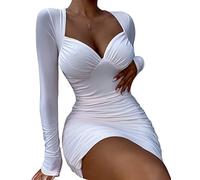 Onsoyours Vestito Elegante Donna Sexy Scollo a V Aderente Increspati Corto Vestito da Sera Maniche Lunghe Vintage Mini Abito Cocktail Party A Bianco XS