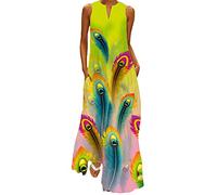 Onsoyours Vestito Lungo da Donna Stampa Floreale Farfalla Bohémien Vestito Taglia Maniche con Tasca Grossa Senza Loose Floral Fashion Elegente Abito Cocktail J Verde S