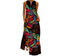 Onsoyours Vestito Lungo da Donna Stampa Floreale Farfalla Bohémien Vestito Taglia Maniche con Tasca Grossa Senza Loose Floral Fashion Elegente Abito Cocktail F Nero XL