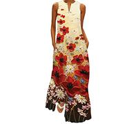 Onsoyours Vestito Lungo da Donna Stampa Floreale Farfalla Bohémien Vestito Taglia Maniche con Tasca Grossa Senza Loose Floral Fashion Elegente Abito Cocktail B Giallo M