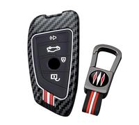 ontto Custodia per chiave auto con 4 pulsanti, in carbonio, adatta per BMW serie 1, 2, 5, 6, 7, X1, X2, X3, X5, X6, GT3, GT5, in metallo e silicone, con portachiavi, strisce rosso-bianche
