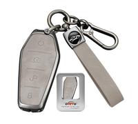ontto Custodia per chiave auto, in metallo, adatta per BYD Seal U DM-i Seal Song Plus EV Tang Atto 2 Atto 3 Dolphin Han Denza D9, in pelle, 4 tasti, con portachiavi, colore grigio