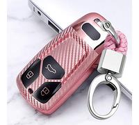 ontto per Audi Custodia Chiave Auto Portachiavi Guscio Protettivo Coprichiave in Morbido TPU Cover per Chiavi Audi A4 B9 A5 S4 A7 Q5 Q7 TT TTS 2016-2020 con 3 Tasti Trama in Fibra di Carbonio Rosa