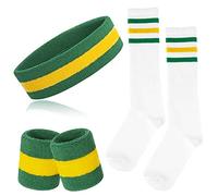 ONUPGO 5 Pezzi Fasce Sudore Calze A Righe Set Sport Fascia Braccialetti Tubo Alto Calze 80s Accessori Costumi, Verde/Giallo/Verde