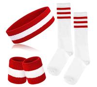 ONUPGO Set di 5 fasce per il sudore e calze sportive a righe con fascia e polsini per il sudore a righe per uomini e donne, sport e feste anni '80 (rosso/bianco/rosso)