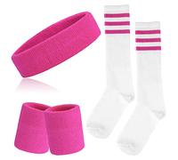 ONUPGO Set di 5 fasce per il sudore e calze sportive a righe con fascia e polsini per il sudore a righe per uomini e donne, sport e feste anni '80 (rosa/bianco/rosa)