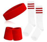 ONUPGO Set di 5 fasce per il sudore e calzini sportivi a righe con fascia e polsini per il sudore a righe per uomini e donne, sport e feste anni '80 (rosso, calzini a righe)