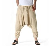 OOGUDE Pantaloni harem hippie larghi da uomo, a cavallo basso, gamba larga, per yoga, estate, spiaggia, cachi, S