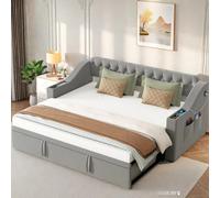 OOIILLEE Divano letto 90/180 x 190 con ricarica USB e ripostiglio, letto estraibile 2 posti con rete a doghe, imbottito divano convertibile, tessuto velluto, grigio (materasso non incluso)