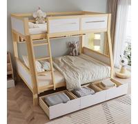 OOIILLEE Letto a castello 2 posti 90 x 200 e 120 x 200 cm, letto per bambini con tre cassetti ruote, recinzione sicura a quattro lati e scaletta, carda di in Pinet MDF, bianco e naturale (senza