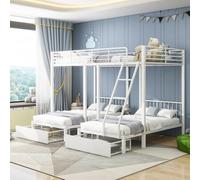 OOIILLEE Letto a castello 3 posti con cassetti, con scala, armadio e tavolino piccolo, telaio letto in metallo, trasformabile in 3 letti, adatto per adolescenti e bambini, 140 x 200 cm+90 x 200 cm