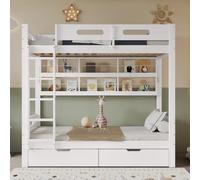 OOIILLEE Letto a castello 90 x 200 con ripiani aperti e scala a cinque gradini, letto per bambini con due cassetti su ruote, con barriere di sicurezza, molti contenitori, pino + MDF, bianco