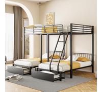 OOIILLEE Letto a castello per bambini con cassetti, letto a castello 3 posti ransformabile in un matrimoniale 140 x 200 e due singoli 90 x 200, cornice multifunzionale nera (senza materasso)