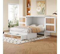 OOIILLEE Letto a scomparsa 140 x 200 cm con rete, letto pieghevole da parete con rete a doghe e cassetti, design rattan, letto adolescente, bianco