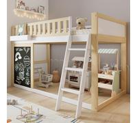 OOIILLEE Letto a soppalco 90 x 200 cm con scomparti portaoggetti, letto per bambini con piccola lavagna nera per disegnare, barriere di sicurezza, pino + MDF, bianco + colore naturale