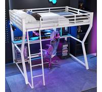 OOIILLEE Letto a soppalco 90 x 200 cm, letto a soppalco per bambini con illuminazione a LED, consolle computer, mensola, scrivania, presa di corrente + USB, rampa, scala, senza materasso, bianco