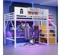 OOIILLEE Letto a soppalco a 2 posti con scala portaoggetti e finestra, letto a castello per bambini 140 x 200 con spazio di archiviazione vicino al contenitore rialzato singolo, struttura in metallo