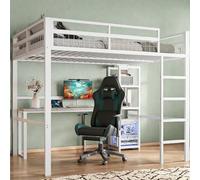 OOIILLEE Letto a soppalco a 2 posti con scrivania, USB, Type-C e diversi ripiani, letto a castello in metallo con barriera, per bambini, adolescenti e adulti, 140 x 200 cm, bianco