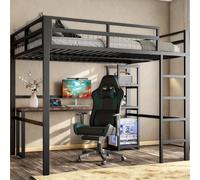 OOIILLEE Letto a soppalco a 2 posti con scrivania, USB, Type-C e diversi ripiani, letto a castello in metallo con barriera, per bambini, adolescenti e adulti, 140 x 200 cm, nero