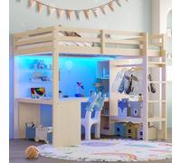 OOIILLEE Letto a soppalco a 2 posti con USB e LED, letto per bambini 140 x 200 con ripiani multifunzione e scrivania sotto, telaio in legno massello naturale (senza materasso)