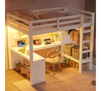 OOIILLEE Letto a soppalco a 2 posti con USB e LED, letto per bambini 140 x 200 con ripiani multifunzione e scrivania sotto, telaio in legno massello bianco (senza materasso)