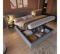 OOIILLEE Letto baule 180 x 200 cm con 2 comodini, letto matrimoniale con cassettiera idraulica, testiera con lampada da lettura e funzione di ricarica USB, grigio, velluto (senza materasso)