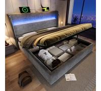 OOIILLEE Letto baule idraulico moderno con testiera alta, letto matrimoniale 140 x 200 cm, con illuminazione a LED e stoccaggio, telaio letto con porta USB/Type-C, rete a doghe in lino, grigio (senza