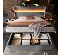 OOIILLEE Letto baule idraulico moderno con testiera alta, letto matrimoniale 180 x 200 cm, con illuminazione a LED e stoccaggio, telaio letto con porta USB/Type-C, rete a doghe in lino, grigio (senza