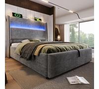 OOIILLEE Letto baule idraulico moderno con testiera alta, letto singolo 90 x 200 cm, con illuminazione a LED e stoccaggio, telaio letto con porta USB/Type-C, rete a doghe in lino, grigio (senza