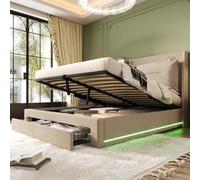 OOIILLEE Letto matrimoniale imbottito luminoso a LED, letto cassettiera idraulica, con cassetti portaoggetti 2 in 1, telaio letto 140 x 200 con rete, strisce luminose a LED da incasso, senza materasso