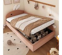 OOIILLEE Letto per bambini, 90 x 200 cm, testiera a forma di coniglio, letto baule con idraulico, bordo rialzato morbido, pannello laterale destro, velluto, rosa + bianco