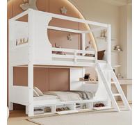 OOIILLEE Letto per bambini 90 x 200 con scarpiera a 4 scomparti e barriera, letto a castello 2 posti con scala inclinata a tre gradini e deposito, Crade de de Blanc (senza materasso)