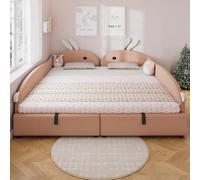 OOIILLEE Letto per bambini 90 x 200 x 2, testiera a forma di coniglio, letto baule con idraulico, bordo rialzato morbido, velluto, rosa+bianco