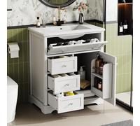 OOIILLEE Mobile bagno su base con lavabo 76 x 46 x 87 cm, mobile sottolavello con 3 cassetti con chiusura ammortizzata e cassetti pieghevoli, telaio della porta dipinto, lavabo in ceramica integrata