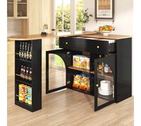 OOIILLEE Tavolo da bar allungabile con spazio di archiviazione (138-204×39×104cm), tavolo da pranzo rotante a 360°, isola di cucina, credenza con ripiani e vetro, nero