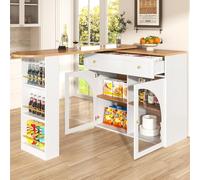 OOIILLEE Tavolo da bar allungabile con spazio di archiviazione (138-204×39×104cm), tavolo da pranzo rotante a 360°, isola di cucina, credenza con ripiani e vetro, bianco