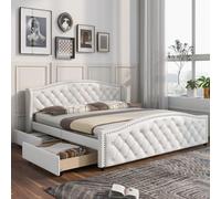 OOIILLEE Telaio letto 180 x 200 cm con rete a doghe letto cassettiera con 2 cassetti, letto matrimoniale con rete, supporto a doghe in legno, finitura rivettata, legno e PU, bianco